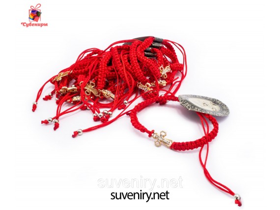 Браслет оберег  красная нить с крестиком под золото в камушки