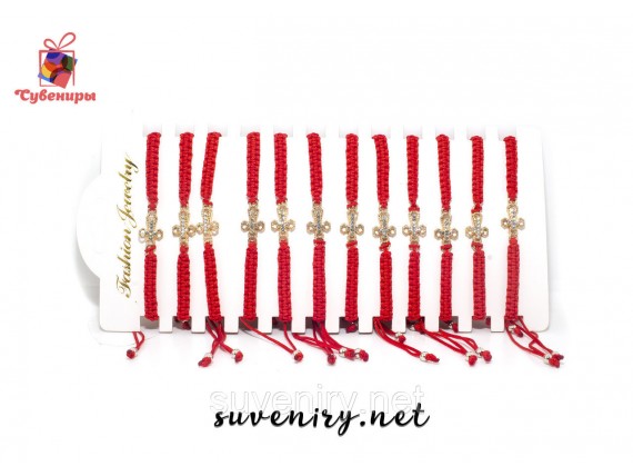 Браслет оберег  красная нить с крестиком под золото в камушки