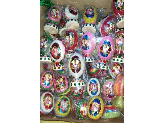 Деревянные яйца из бисера на ножке с иконками  разные цвета